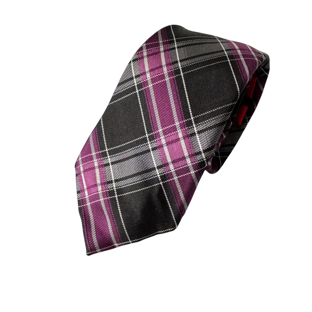 Chaps Ralph Lauren Silk Plaid Tartan Tie Necktie Purple Black Slim Preppy